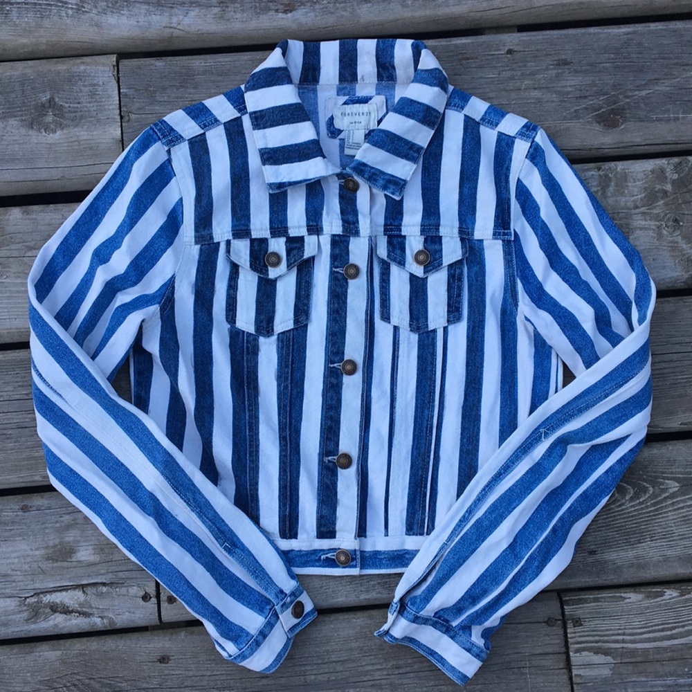 Blue and White Striped Denim Jacket Size L